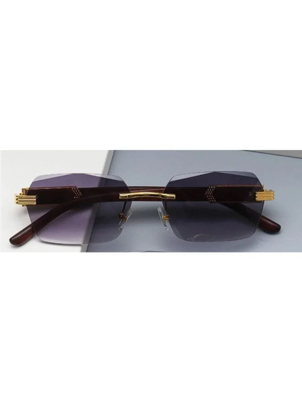Retro Unisex Rimless Black/Grey Gradient Sunglasses W/ Gold-Tone & Wooden Arms